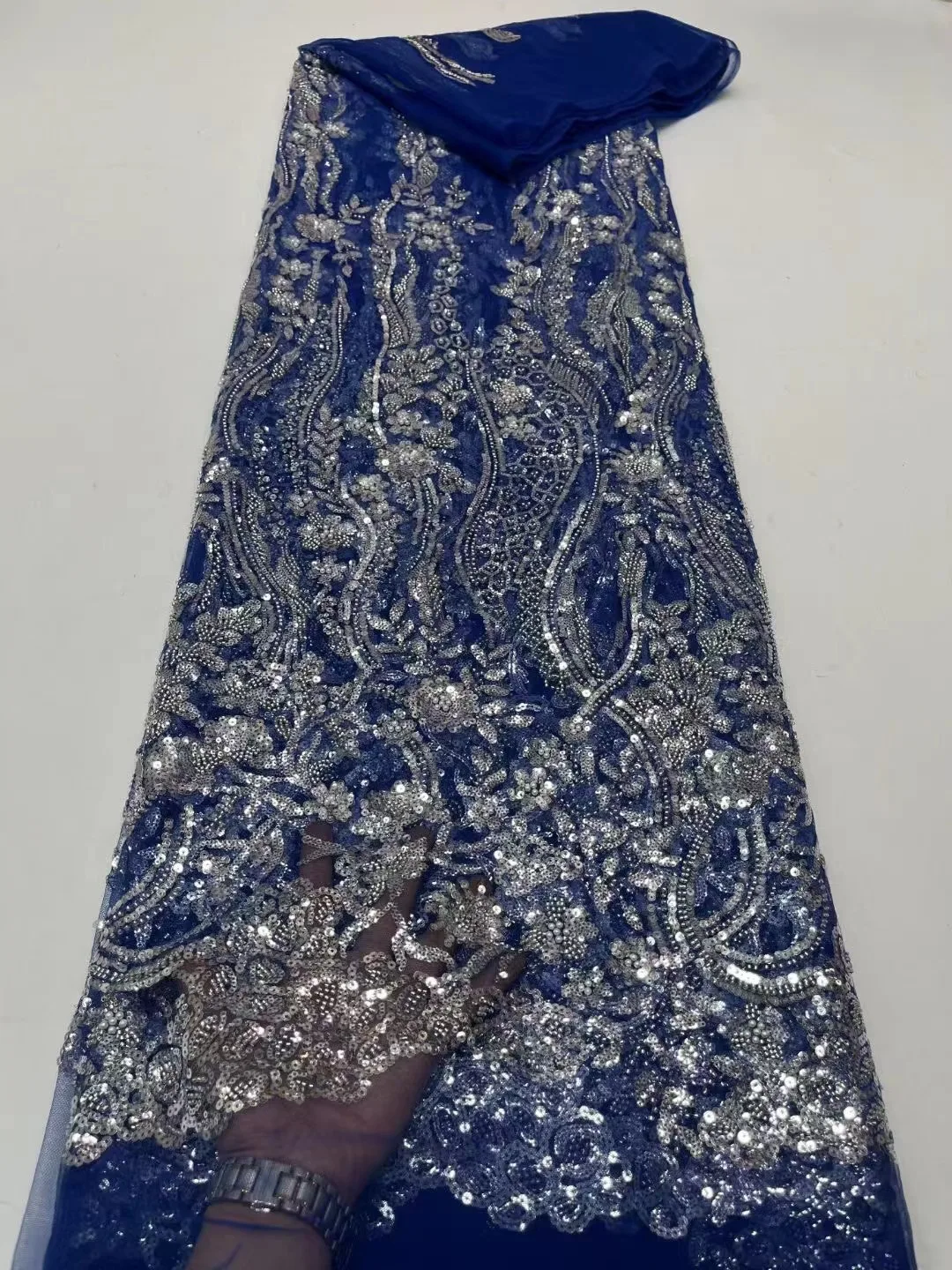 

African Beaded Sequin Lace Fabric 2023 High Quality Lace Nigerian French Embroidery Tulle Lace Fabric For Party Evening Dress