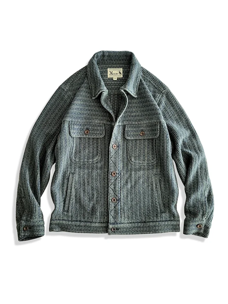 Amekaji Wear Clothes Men Honeycomb Stripes Denim Casual Jacket Coat Loose Version Japanese-Style Retro Washed Old 2