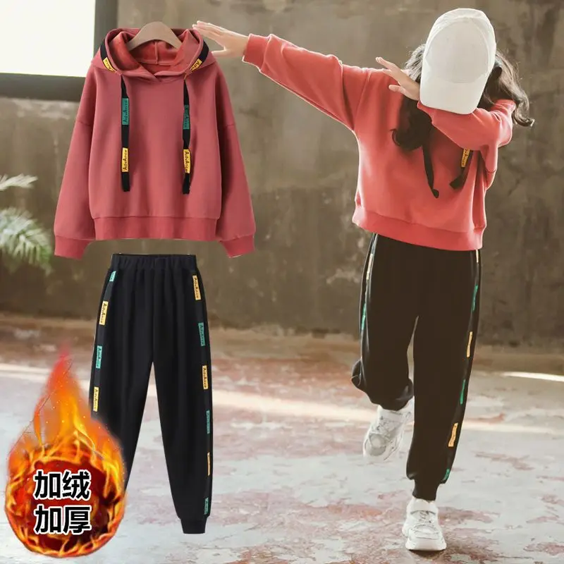 

Girls Autumn And Winter Set New Children's Hoodie Children And Girls With Fleece Thickened Winter Two-piece Set Tide Clothings