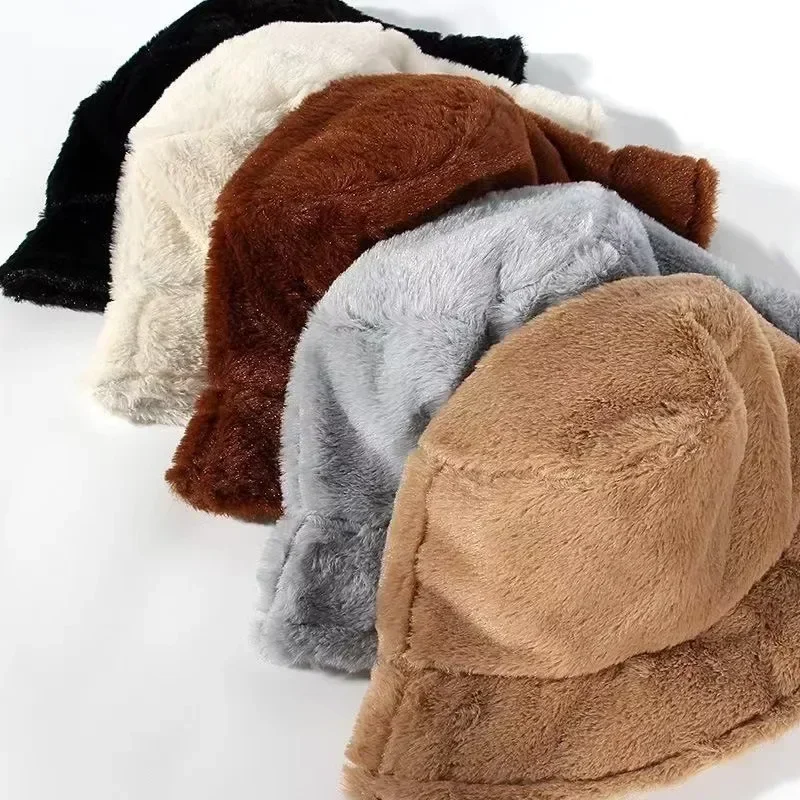 Women Bucket Hat Rabbit Plush Fisherman Style Colorful Warm Windproof Cold-proof Wide Brim For Winter