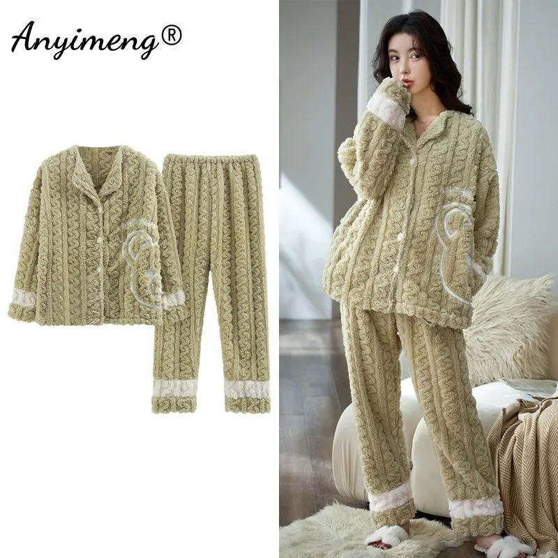 Macha Green Women'S Winter Thick Paffuto Pigiama Set Cardigan Chic Small Scollo A V Donna Sleepwear Soft Thermal Lady Velvet Pigiama