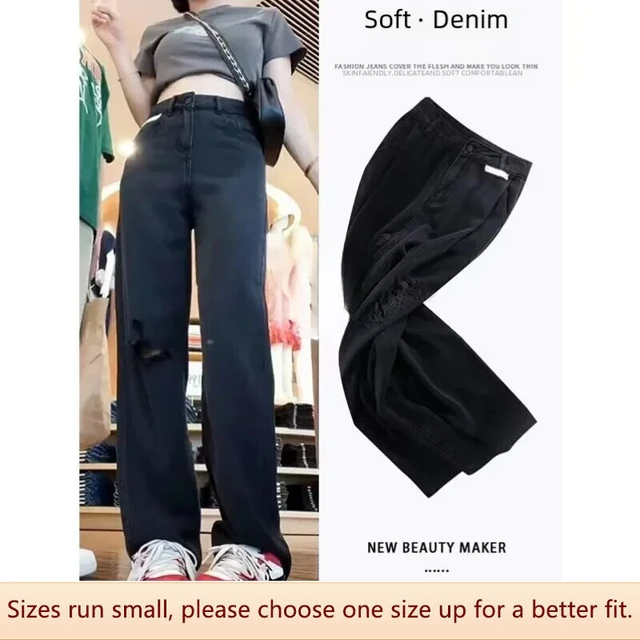 Ultra-soft Black Lyocell Holey Jeans Pear-shaped Body Thick Legs Wide Hips  Slimming Thin Floor-length Pants