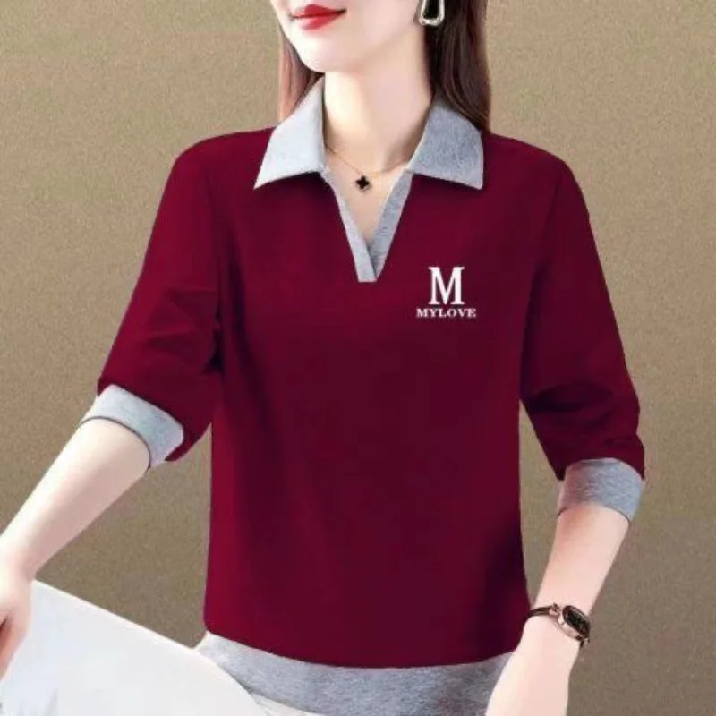 

2023 Summer New Korean Version Versatile Commuter Women's Clothing Simplicity Printed Polo Neck Long Sleeve Temperament T-shirt