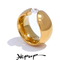 Yhpup Size 678 Sleek Metal Stainless Steel Shiny Cubic Zirconia Wide Golden Ring 18K PVD Plated Charm Daily Jewelry Gift