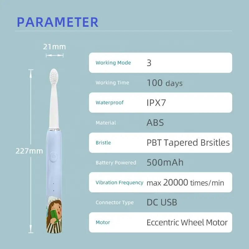 여아용 시리즈 어린이용 소닉 전동 칫솔 IPX7 방수 부드러운 칫솔모 3가지 모드 어린이 여아 구강 관리