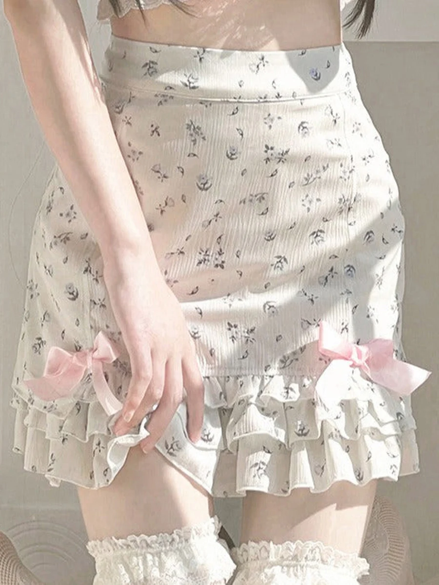 

Women s Summer Skirt with Satin Bow Floral Print High Waist Ruffled Hem Mini A-Line Chiffon Skirt