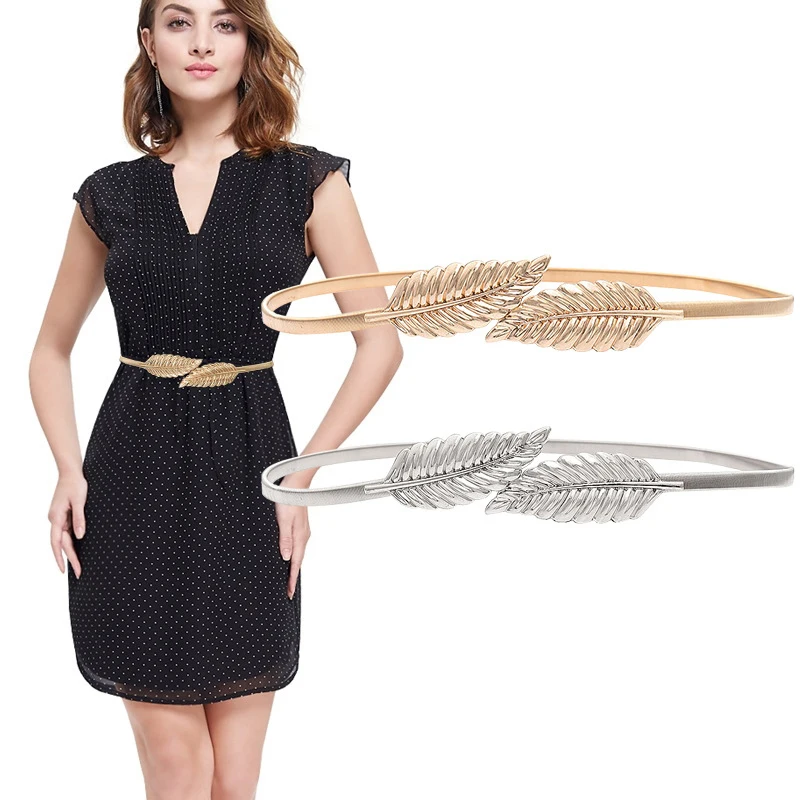 

New Leaf Shape Belts For Girl Women's Belt Gold Silver Leaf Elastic Metal Stretch High Waist Band Dress Wedding