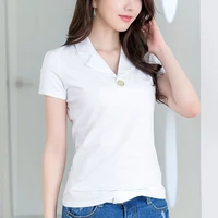 T-shirt Woman Button Tops Short Sleeve Tee Clothing Plain Polo Neck Shirts for Women Trend Luxury Polyester High Quality Sale V - Image 4