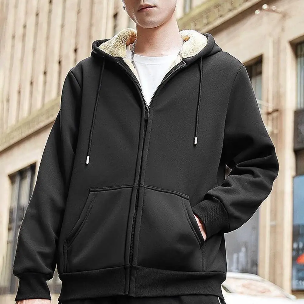 

Thickened Daily Jacket Cozy Men's Winter Coat Plush Hooded Cardigan with Drawstring Long Sleeve Zipper Closure Warm Solid Color