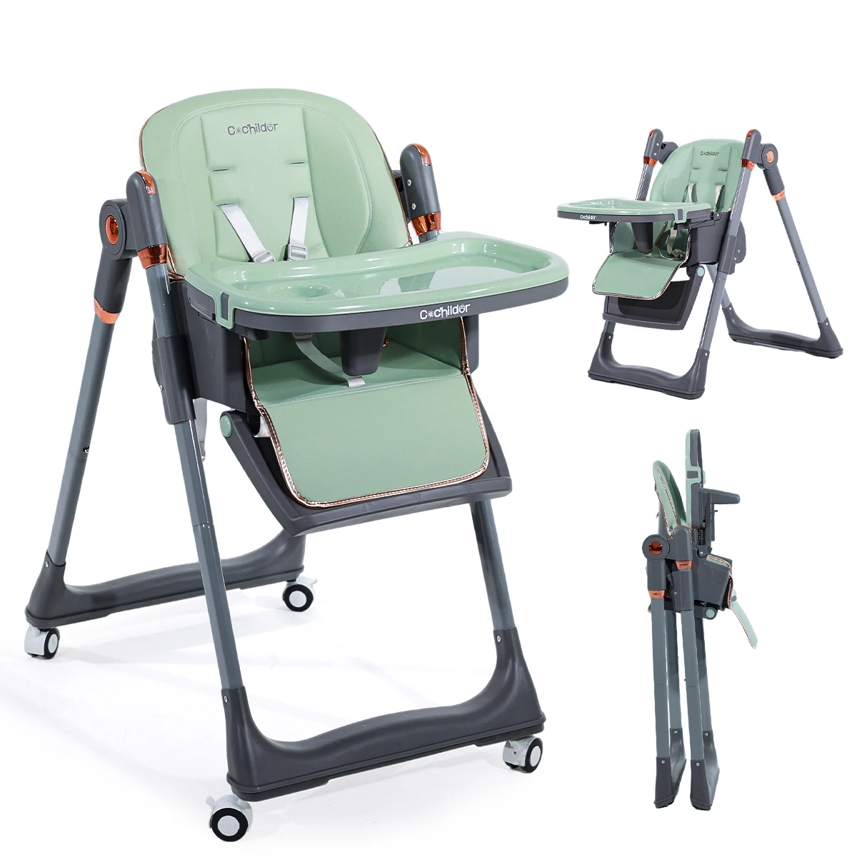 Foldable baby high chair, multi-functional baby dining chairs, with wheels, Double-Layer Dinner Plate, easy to clean