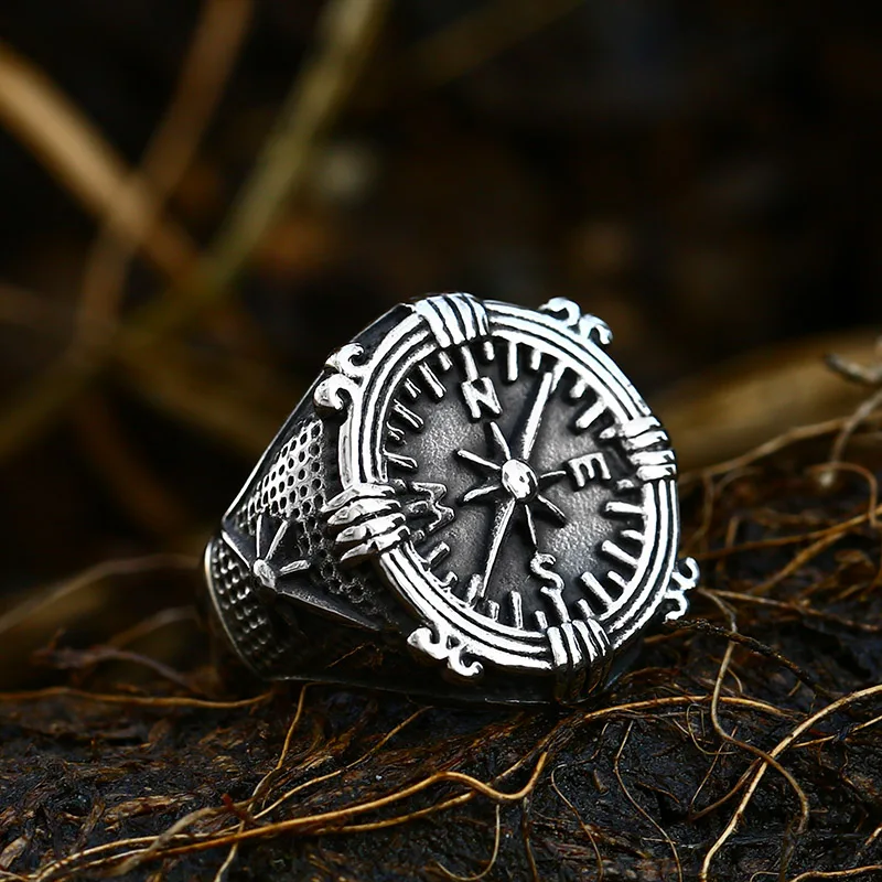 Stainless Steel Ring Finger Ring 316L Stainless Steel Viking Cross Compass Runic Pirate Men's Ring Nautical Fashion Jewelry BR8-108R