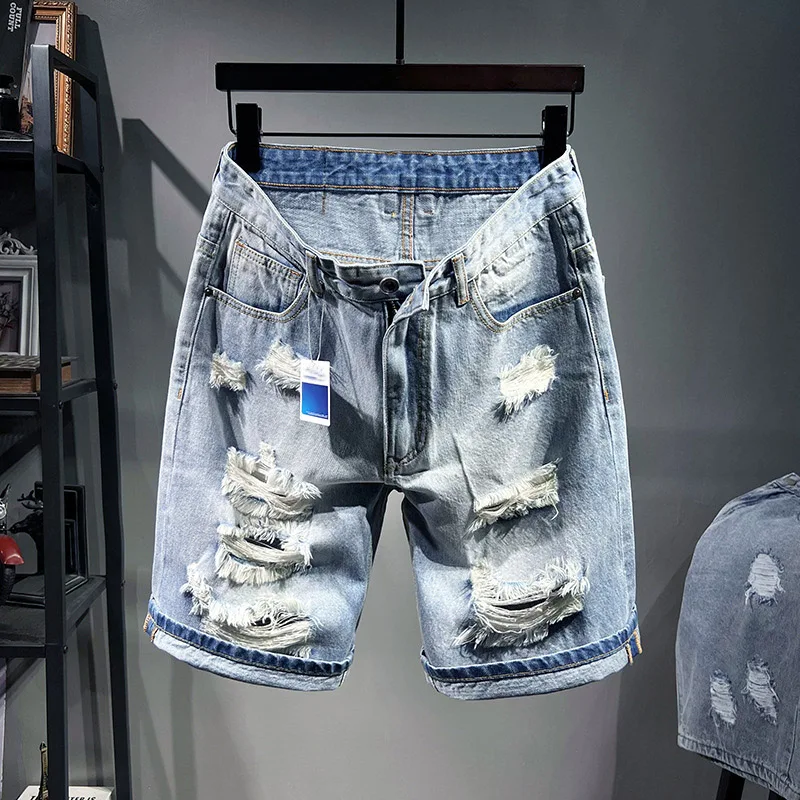 

Plus size men shorts summer men tide ripped denim shorts plus size cotton large size medium pants 140kg 48 46 44 shorts for men