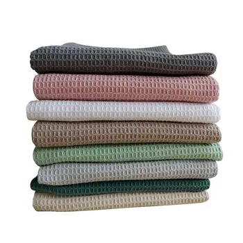 Serviette de thé en coton gaufré, serviettes de Table tissées, plat absorbant, rose, gris, blanc, pour le nettoyage de la cuisine 1