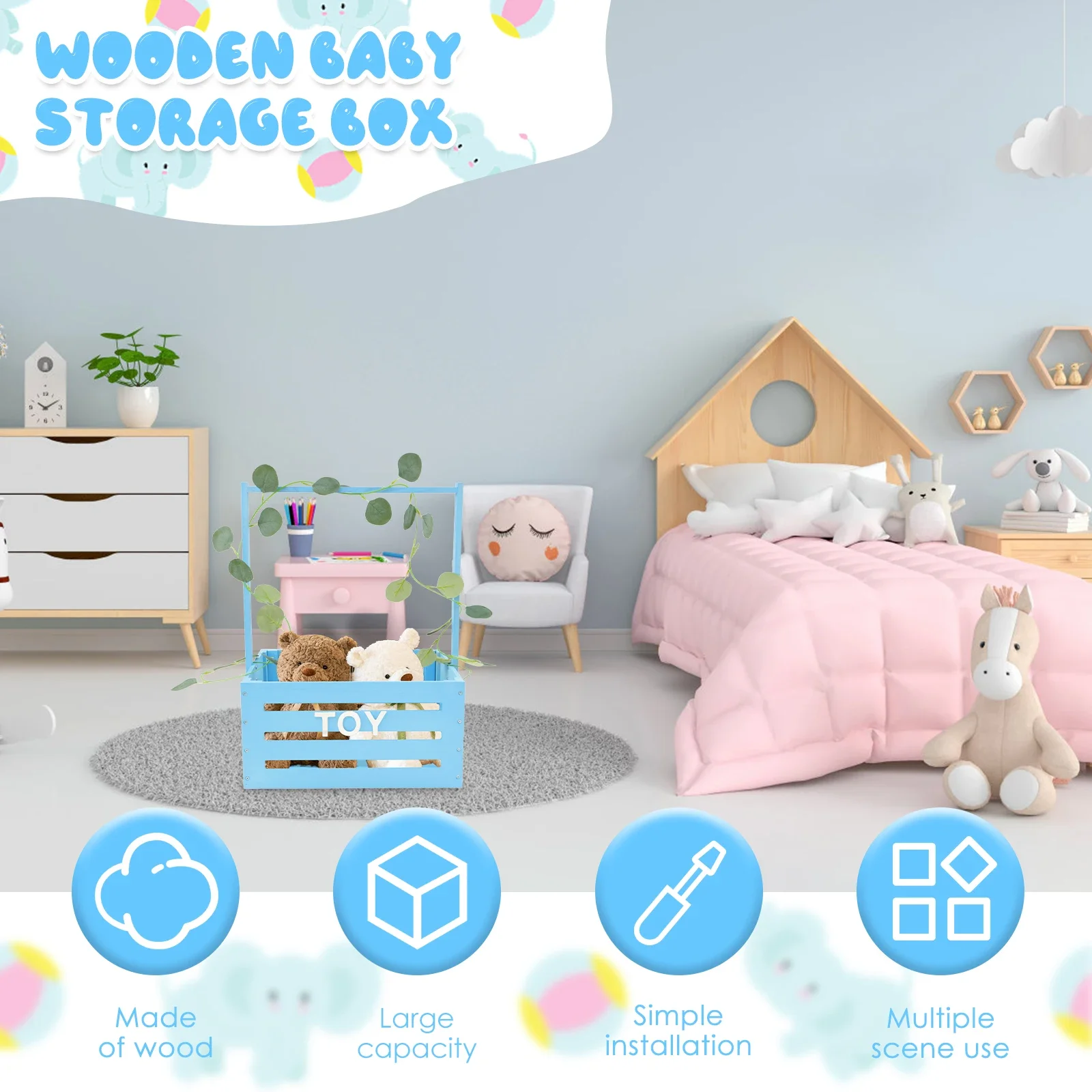 Wood Baby Shower Crate Closet Large Capacity Easy to Install Shower Party Basket with Handle Smooth Baby Clothes Rack for Babies 3