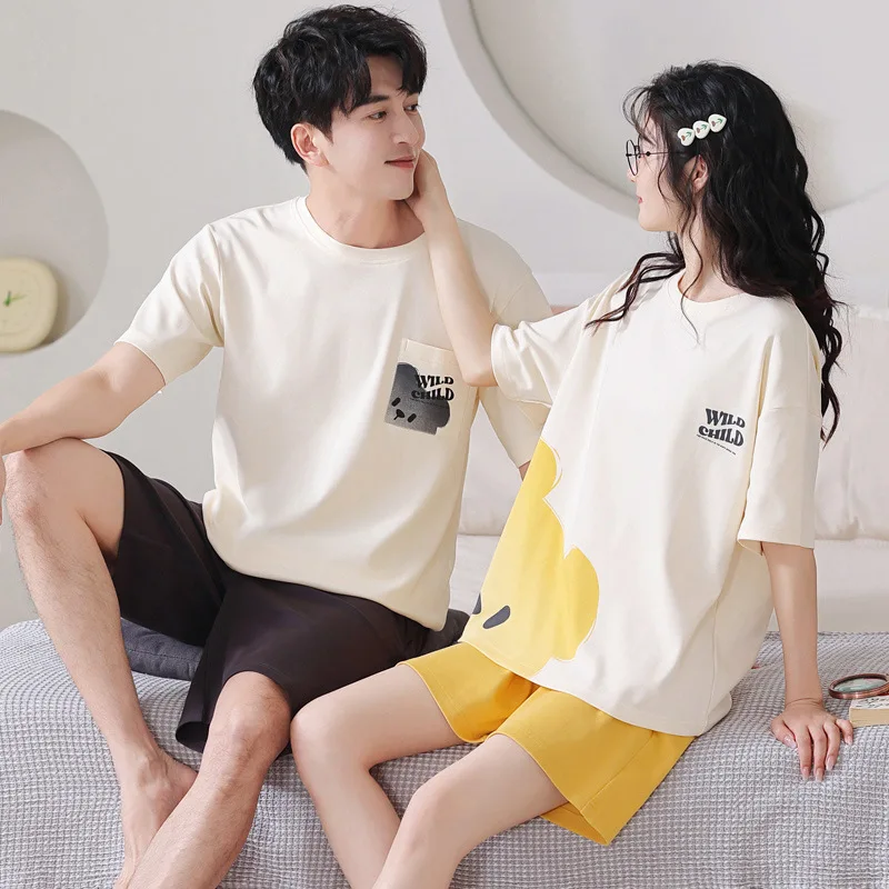 New Summer Cotton Short Sleeve Women Pajamas Set Couple Pijamas Lover Round Neck Short Pants Sleepwear Men Home Clothes Dropship