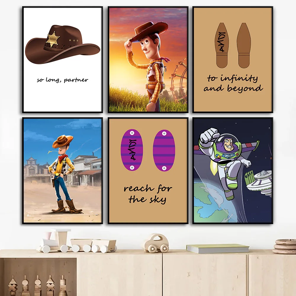 Toy Story Art Canvas Painting Prints Buzz Lightyear Woody Cowboy Hat Poster Classic Movie Cartoon Picture Kids Room Wall Decor