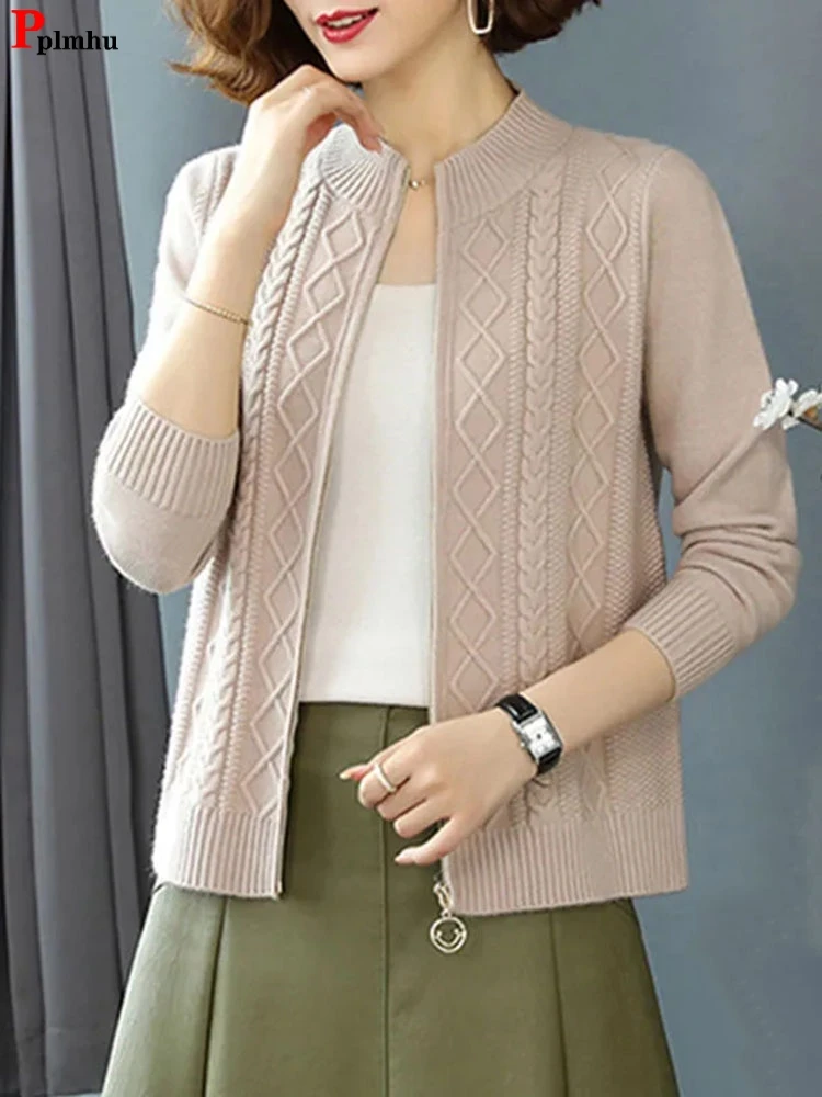 

Повседневный мягкий вязаный кардиган на молнии, Облегающее вязаное пальто, Осенние вязаные куртки с длинным рукавом, однотонные теплые куртки с воротником-стойкой