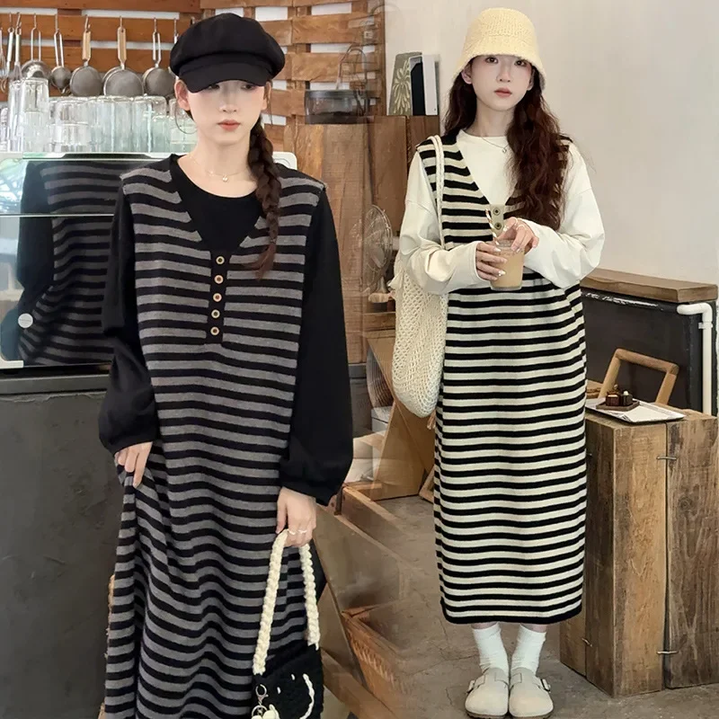 New Hot Sale Of The Season Autumn Winter Set Korean Fashion Loose Pure Cotton Thickened Striped Vest Skirt Two-Piece Set Materni
