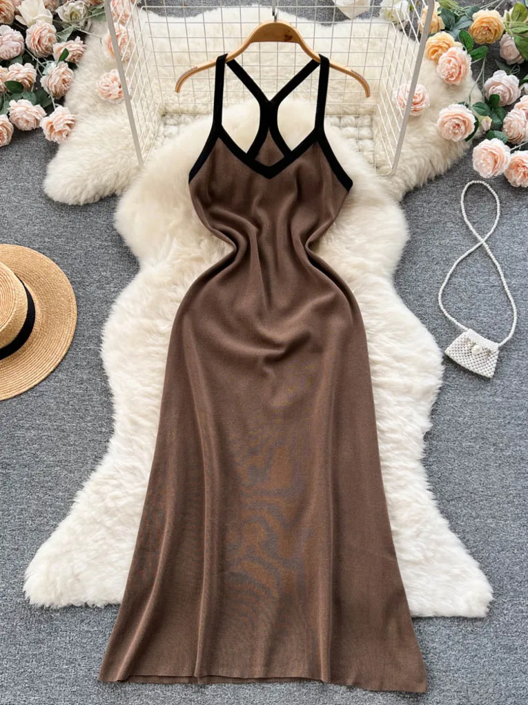 

Foamlina Summer Women Knitted Long Dress Color Match V Neck Spaghetti Strap Sleeveless Slim A-line Basic Dress Female Clothes