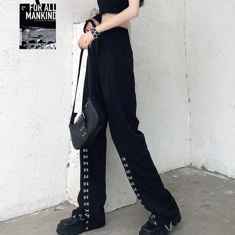 New Spring Autumn Women Harajuku Black Punk Metal Buckle Pants Streetwear High Waist Casual Loose Fashion Hot Girl Trouser white capri pants