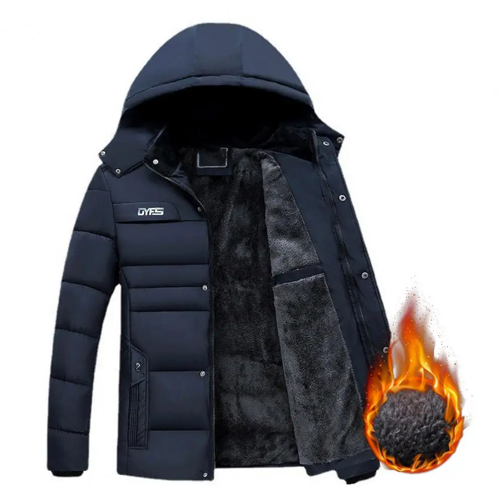 

Men Hooded Coat Cotton Padded Plush Lining Solid Color Windbreaker Plus Size Cold Proof Hood Jacket Outwear Streetwear Men Parka