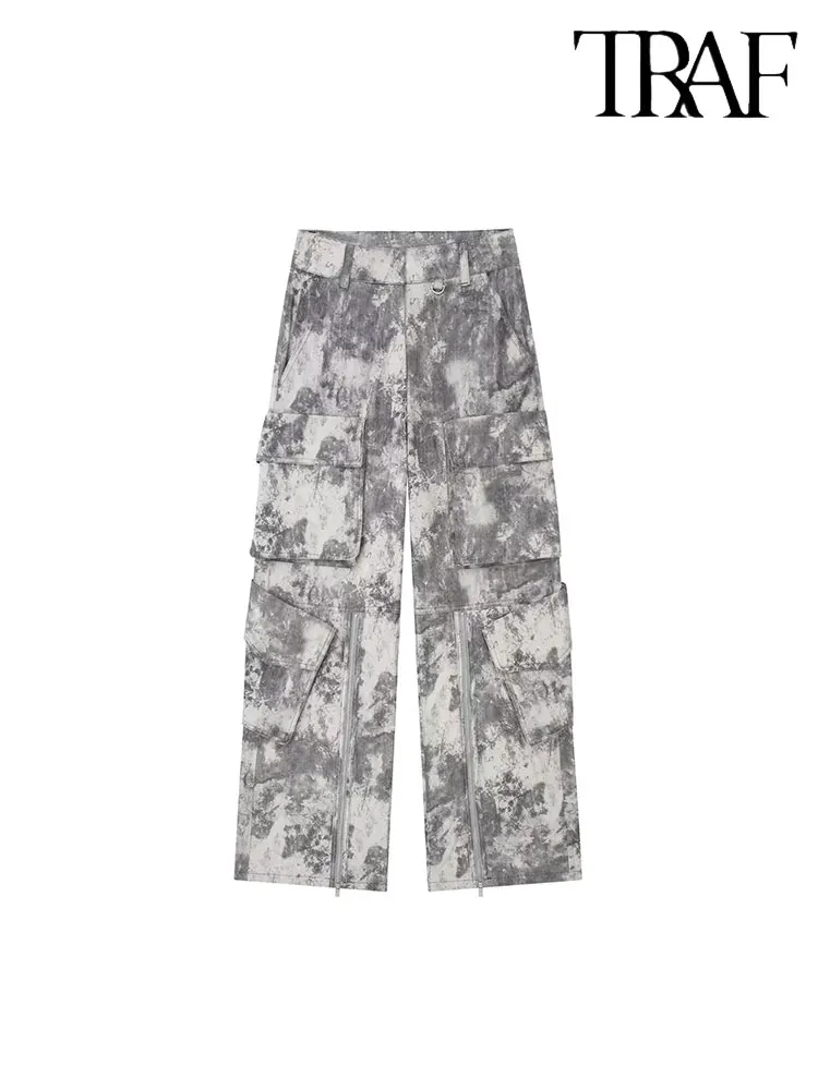 

TRAF 2023 Autumn Print Cargo Pants Women Mid Waist Pants Woman Streetwear Casual Sweatpants Pleated Women's Sport Pant