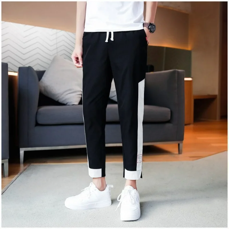 Korean Summer New Loose Versatile Casual Pants Men's Panelled Elastic Waist Drawstring Pockets Patchwork Thin Harlan Trousers