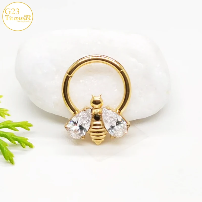 Zircon Little Bee Earrings F136 Titanium Septum Piercing Nose Rings Cartilage Clicker Rings Tragus Helix Piercing Body Jewelry