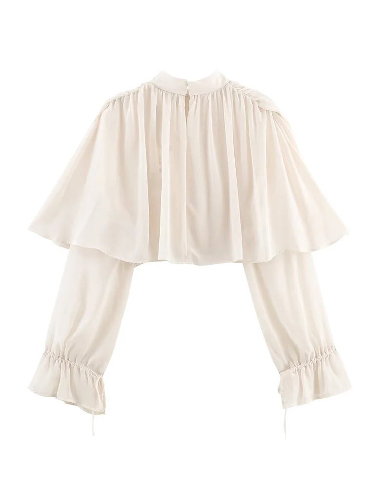 Elegant Women's Tierred Ruffles Blouse Chic Long Sleeve Loose Crop Shirt 2026 Spring New Chic Half High Collar Woman Solid Top