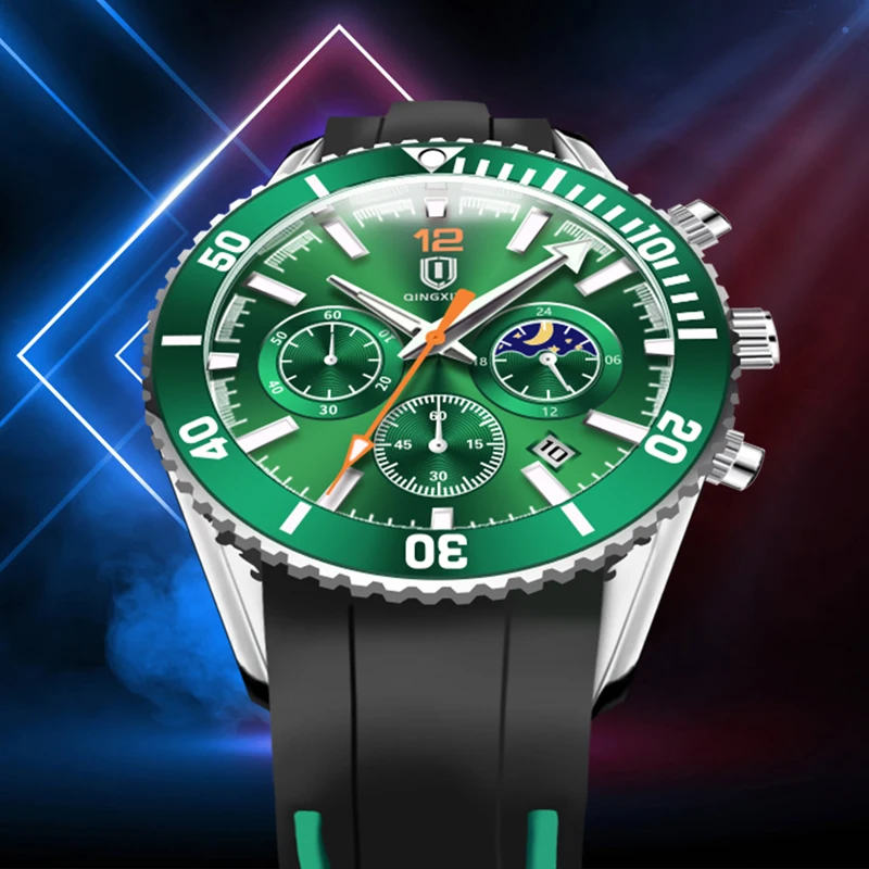QINGXIYA Fashion Moon Phase Quartz Watch Men Sports Silicone Strap Waterproof Luminous Calendar Luxury Chronograph Watches Mens