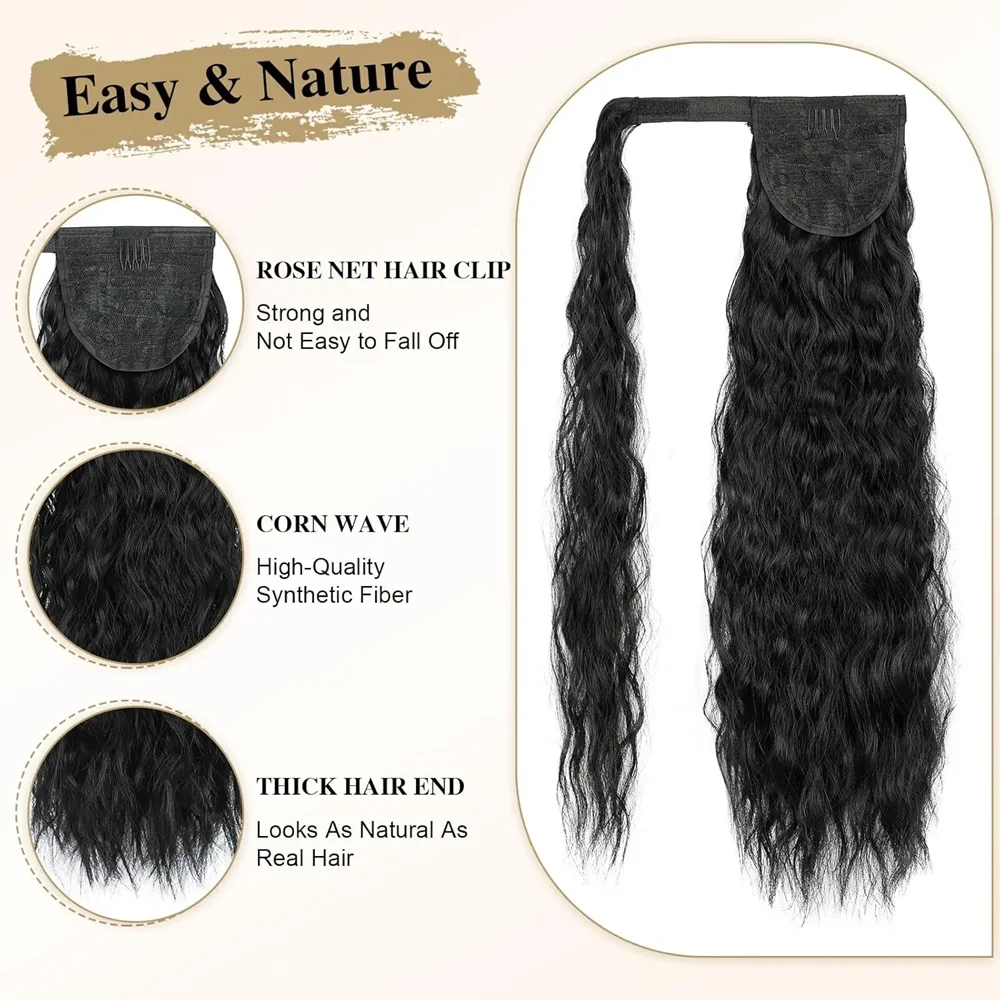 22 Inch Long Wavy Curly Ponytail Extension Wrap Around Clip in Natural Soft Synthetic Ponytail Hairpiece for Women Daily Use