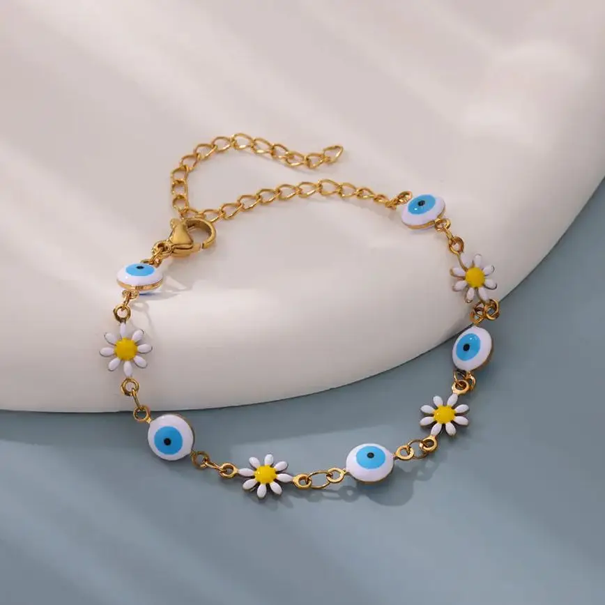 Fashion Bule Daisy Bracelets Women Gold Stainless Steel