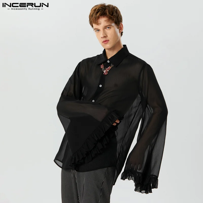 

INCERUN Men Shirt Lapel Flare Long Sleeve Ruffle Solid Color Casual Men Clothing Streetwear Loose 2023 Fashion Unisex Shirts