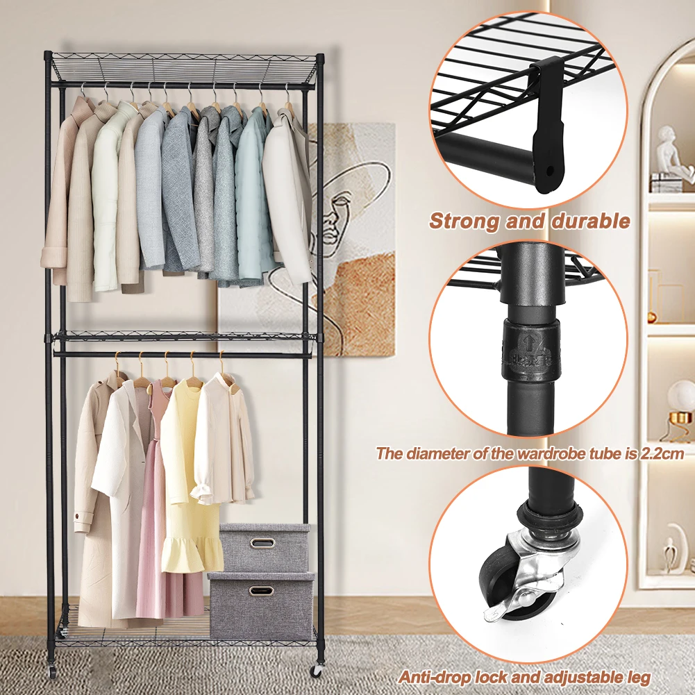 Portable Storage Closet with Wheels Multifunctional Heavy Duty Garment Rack with Cover for Hanging Clothes
