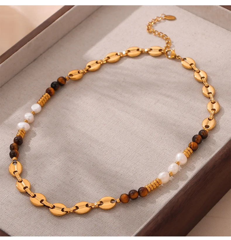 Frauen Edelstahl Halskette Süßwasser Perle Natursteine Schwein Nase Design lässig Kragen Kette Charme Schmuck – Detail 9