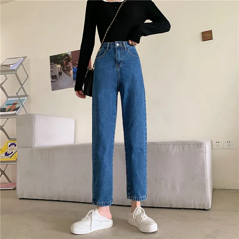 Women Straight Leg Denim Pants 2021 High Waisted Jeans for Female Bottom Vintage Streetwear Fashion Clothes Blue Black Classic