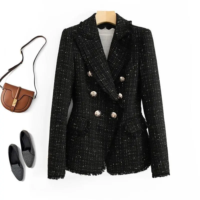 Outerjacket Women's 2023 Spring and Autumn New Double breasted Gold Thread Suit Slim Fit, Slim Temperament, Design Sense, Small