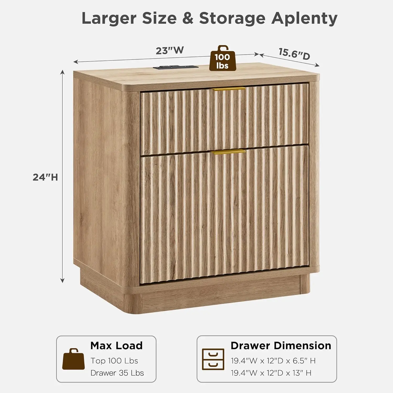 23' Fluted Nightstand with Charging Station, 2-Drawer Storage, Modern Natural Oak Bedside Table