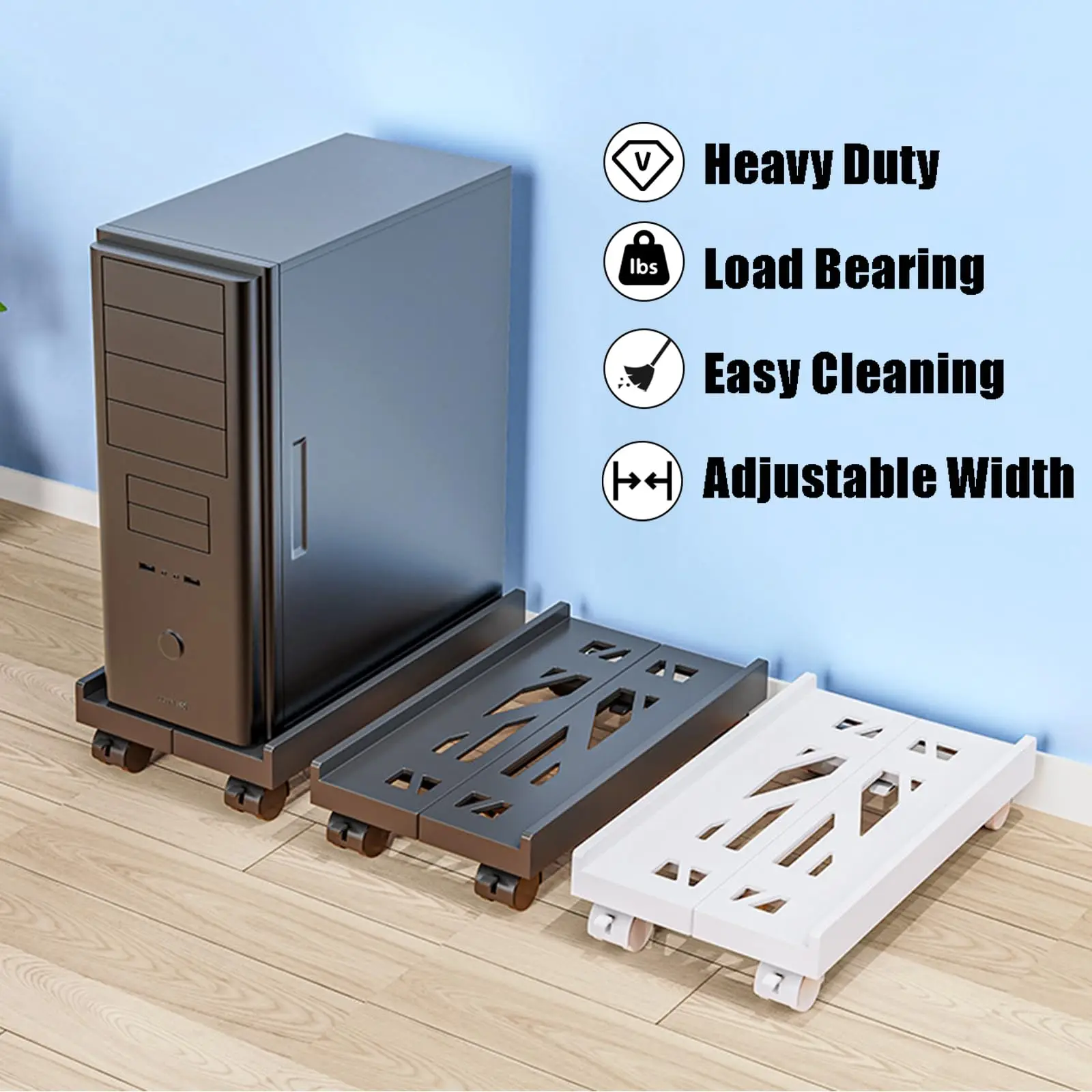 Computer Tower Stand Adjustable Mobile CPU Ventilated With 4 Caster Wheels Fits Most PC Under Desk Holder
