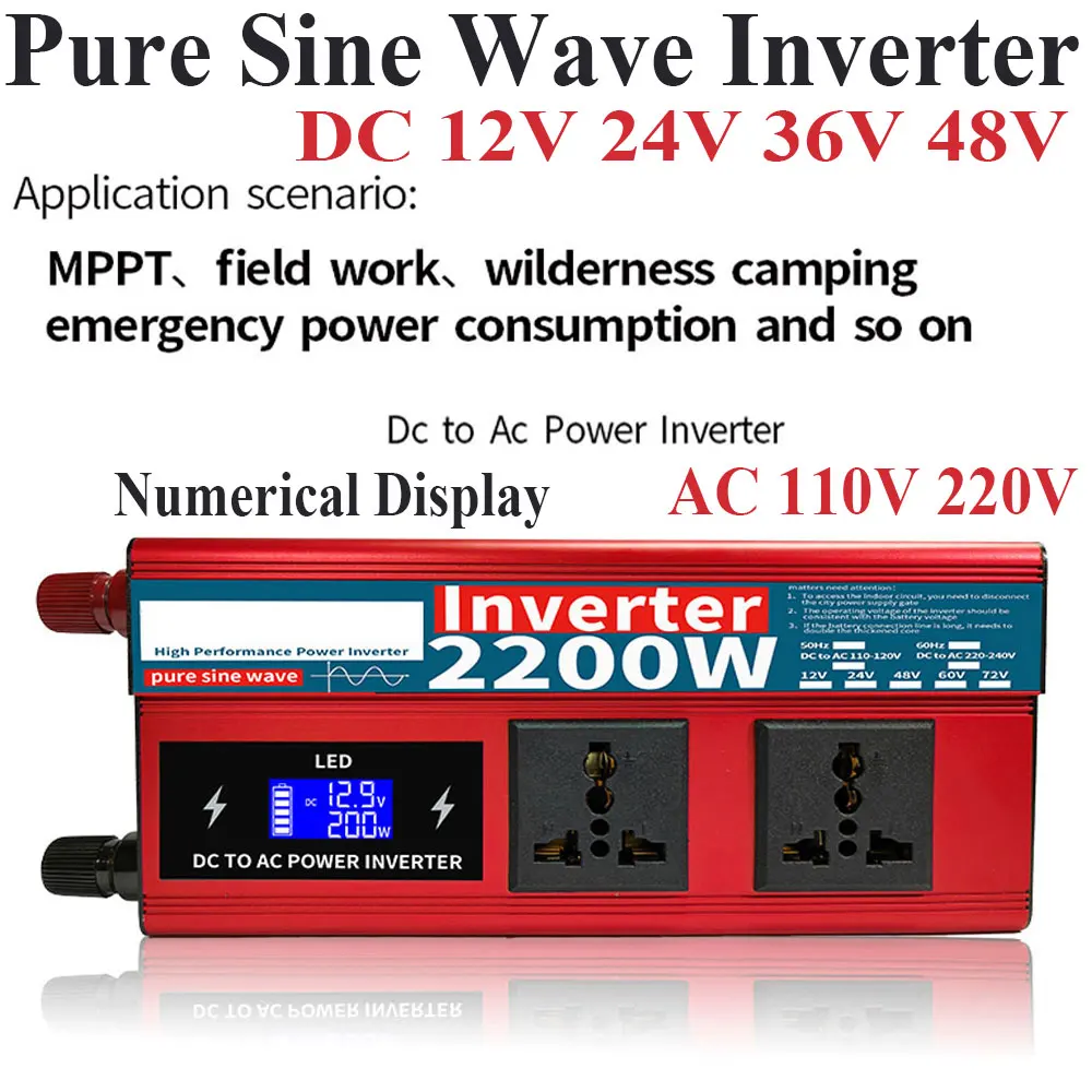 

Pure Sine Wave Inverter 12 V Volt 24V 48V 60V 220V DC TO AC 110V Converter Car Power Solar 2200W Transformer Adapter Power