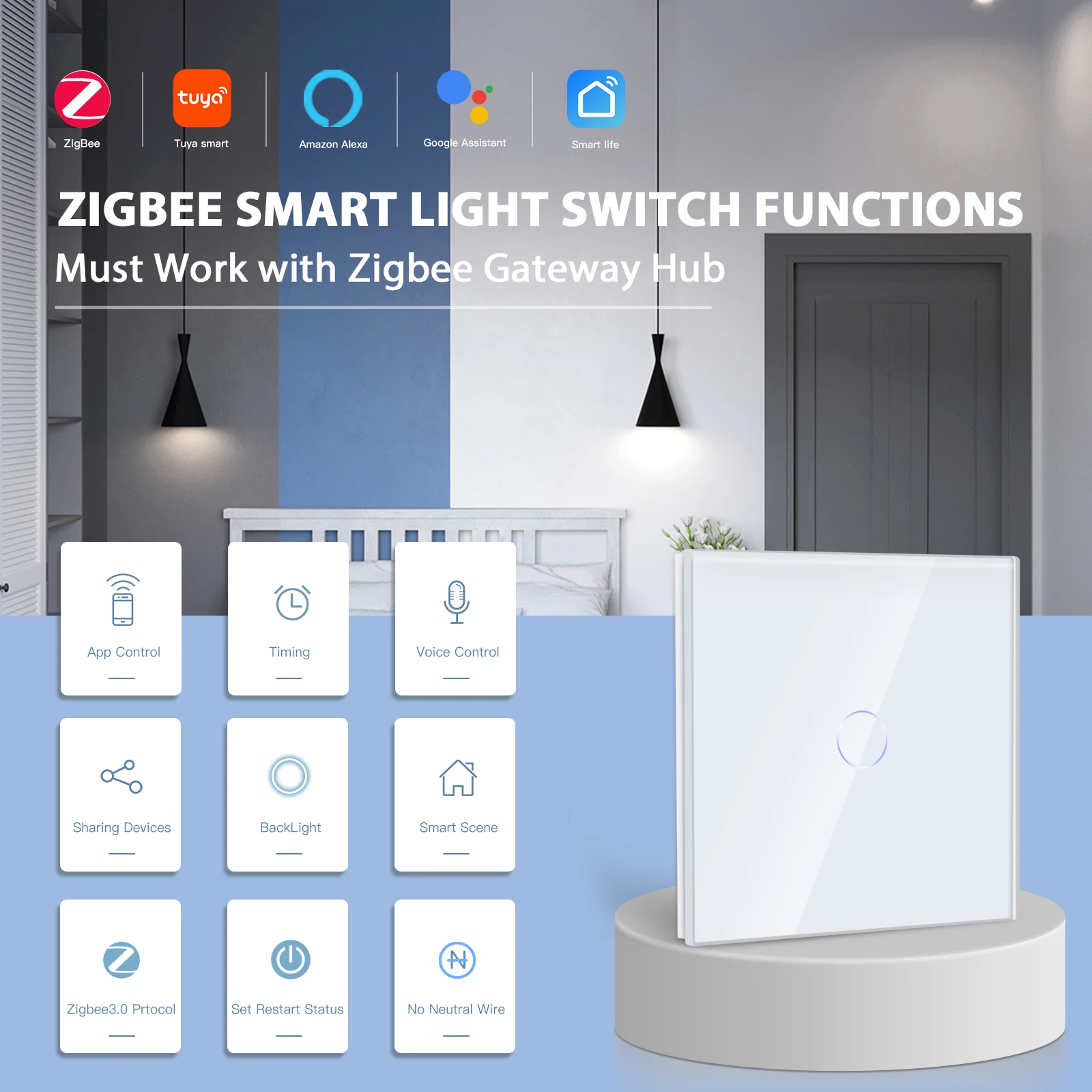 Comprar BSEED-interruptores táctiles Zigbee, 1/2/3 entradas, 1/2/3 vías,  interruptor de luz inteligente, interruptores de pared, Control Tuya,  aplicación Smart Life, Google Alexa