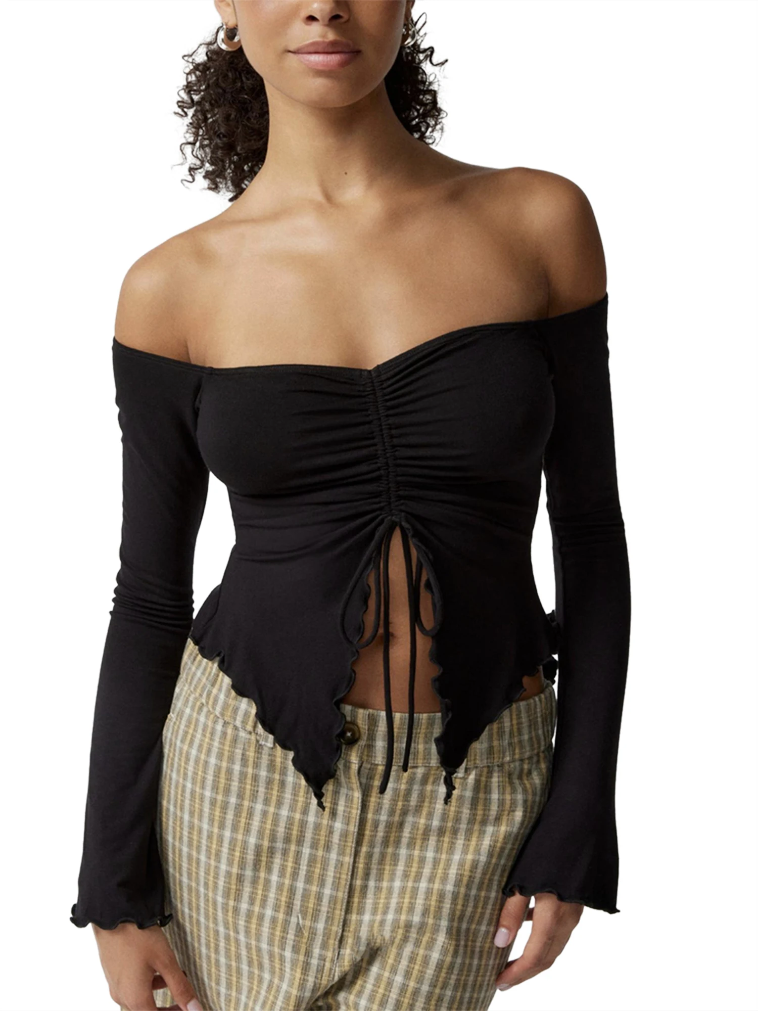 

Elegant and Chic Women s Off Shoulder Ruched Crop Top with Lettuce Trim and Drawstring Slit Hem - Stylish Y2K Blouse for a Sexy