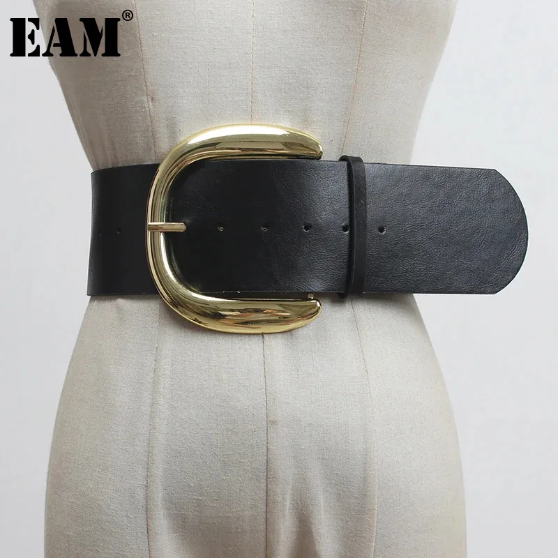 

[EAM] Pu Leather Black Big Buckle Split Long Wide Belt Personality Women New Fashion Tide All-match Spring Autumn 2024 1DB291