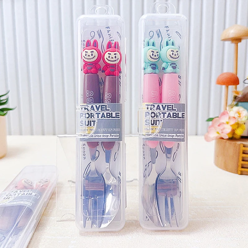 Cute Labubu Stainless Steel Tableware Two-piece Set Children's Silicone Handle Tableware Portable Fork Spoon Children's Products