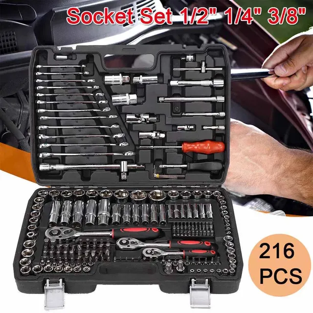 Professional 216 Pieces Ratchet Spanner Socket Set Metric 1/2" 1/4" 3/8" Bits Wrench Mechanic Tool Kit with Black Case