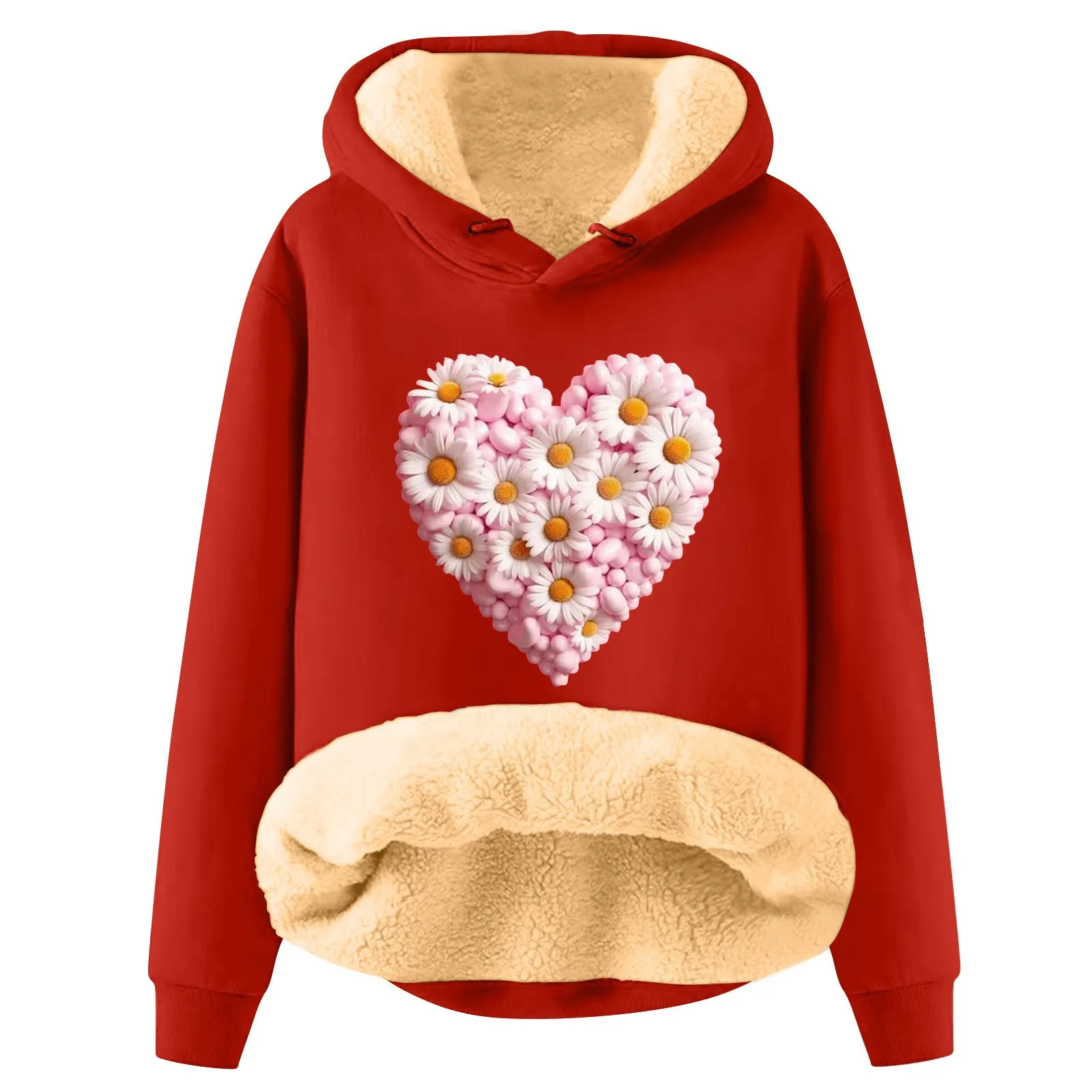 

Women Casual Hoodie Winter Loose Warm Valentine'S Day Love Print Plush Pullover Lamb Fleece Solid Color Hoody Sweatshirts