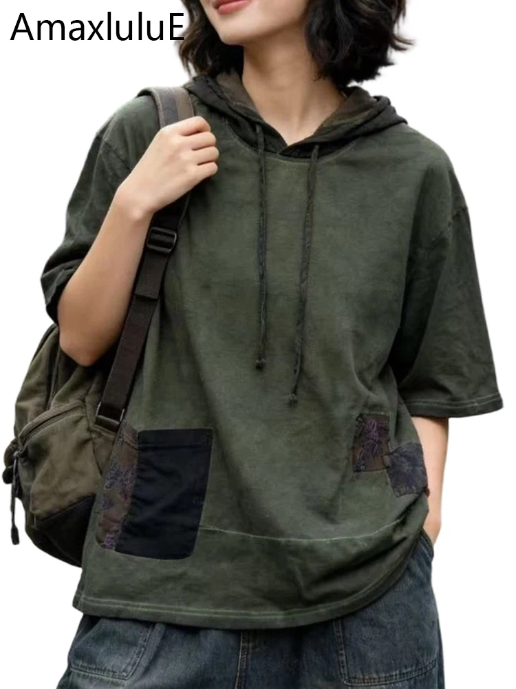 Amax LuluE 2026 Korean Loose Vintage Hooded Tops Women Spring Casual Fashion Clothes Ladies Classic Patchwork Elegant Tee Shirts