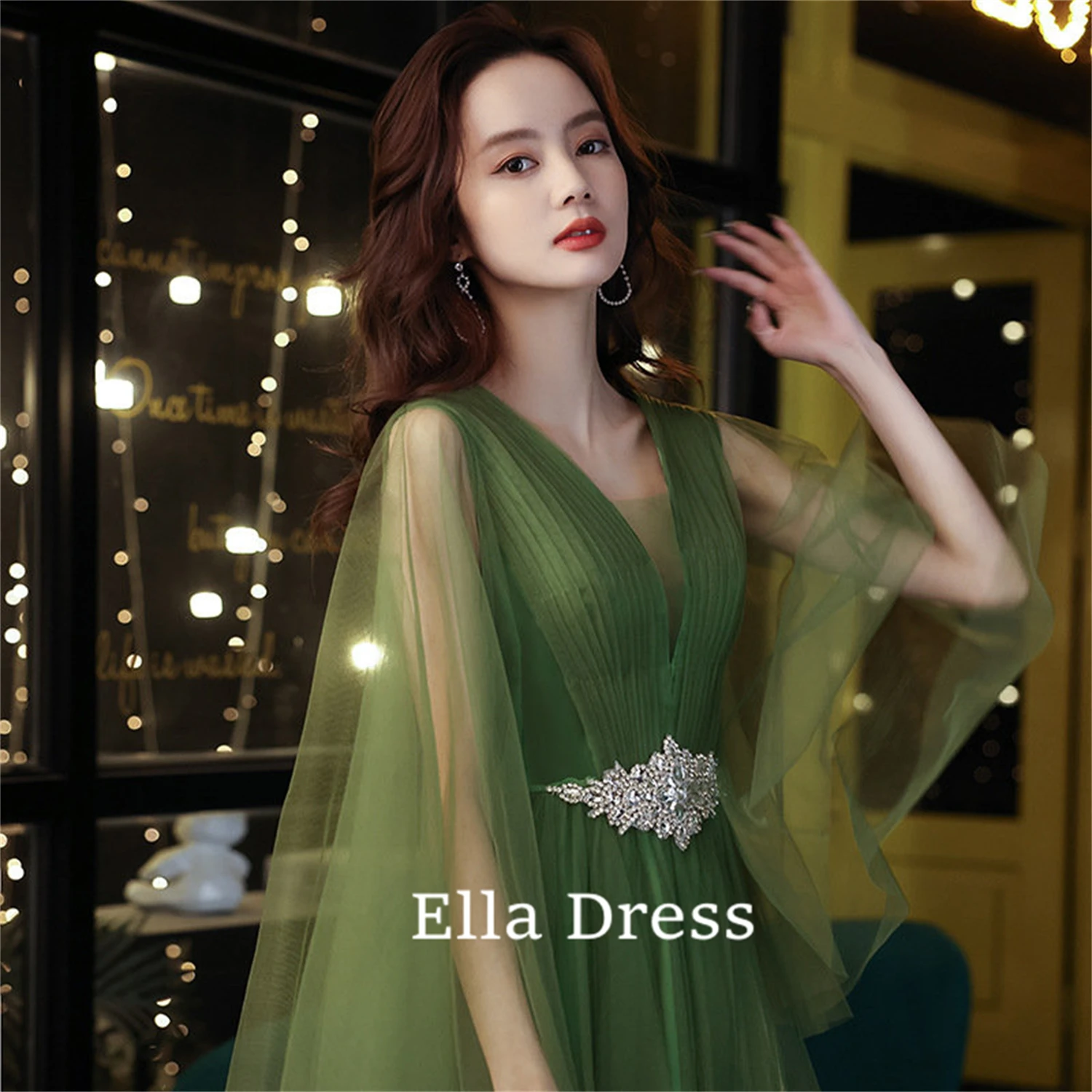 

Ella Floor Length Crystal Elegant Green Tulle Prom Dresses Women Wedding Party Dress Formal Tie Back Back to School Dress 2023