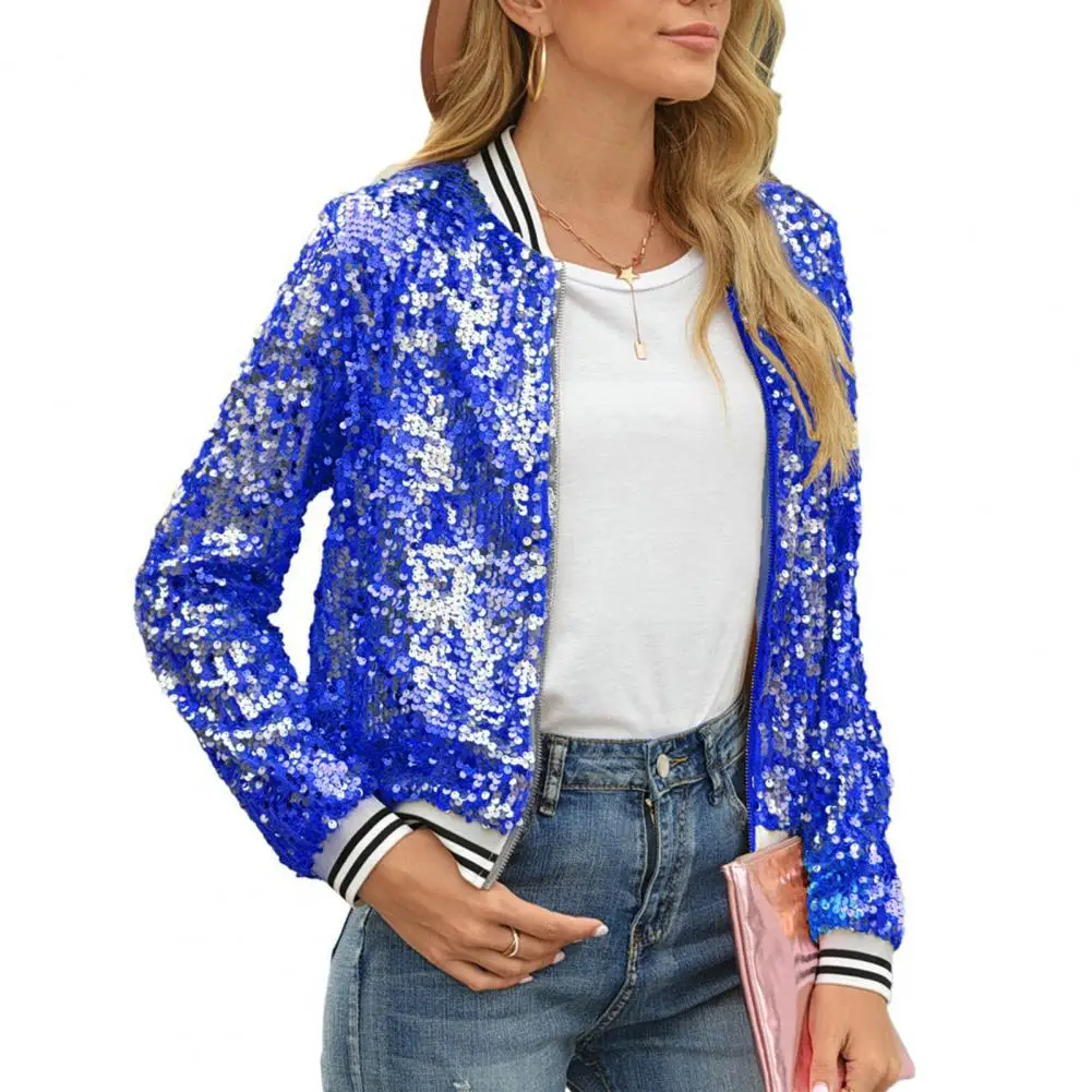 

Women Coats Hip Hop Shiny Sequin Long Sleeve Stand Collar Loose Zipper Closure Jackets for women chaquetas para mujeres