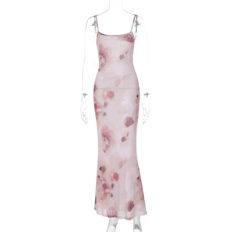 Summer Long Dress y2k Women Floral Print Square Neck Spaghetti Strap Sleeveless Bodycon Dress 2000s Club Party Dresses
